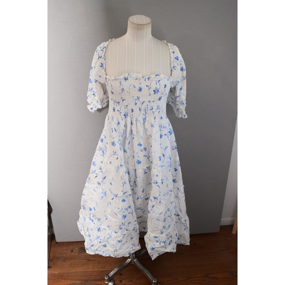 Hill House Nesli Nap Dress Blue Botanical Size Small Boho Cottagecore White  - infinityhomeware.co.za